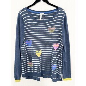 "Cashmere Feel" US 8 Blue Gray Striped Sweater w/ Hearts Crew Neck with Yak Hair